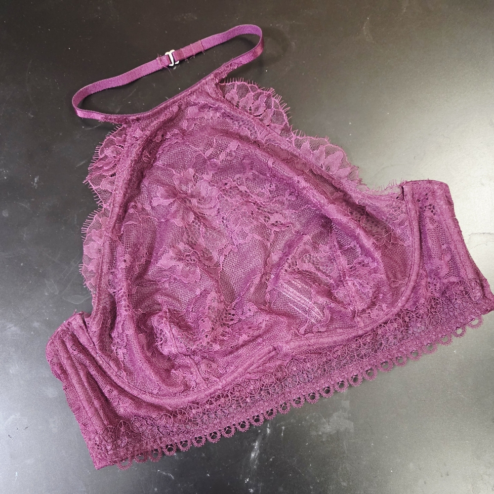 Victorias Secret 36C Unlined Bralette Bra Purple Floral Lace Halter